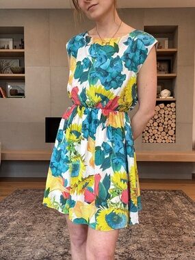 Alice + Olivia silk White Mini Dress blue yellow Floral Print